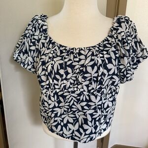 Abercrombie‎ & Fitch Women's XL Navy Blue White Floral Puff Sleeve Crop Top